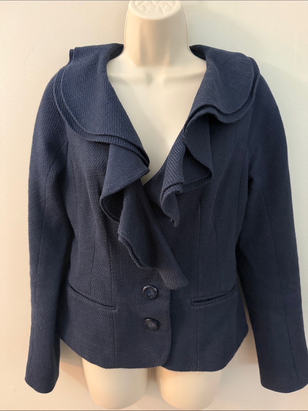 Magaschoni Navy Ruffle-Front Blazer - Picture 2 of 14
